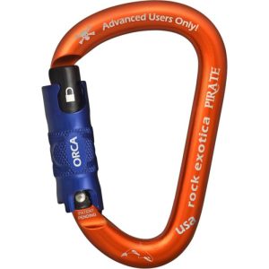 Rock Exotica Pirate Aluminum Carabiner - 3-Stage ORCA-Lock - Orange with Blue Gate