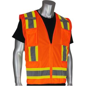 PIP® ANSI Class 2 Solid Front / Mesh Back Surveyors Safety Vest - Hi-Viz Orange - Medium