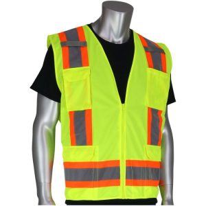 PIP® ANSI Class 2 Solid Front / Mesh Back Surveyors Safety Vest  - Hi-Viz Yellow - XL