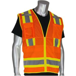 PIP® ANSI Class 2 Mesh Top / Solid Bottom Surveyors Tech Safety Vest - Hi-Viz Orange - 2XL