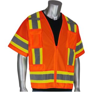 PIP® ANSI Class 3 Solid Front / Mesh Back Surveyors Safety Vest - Hi-Viz Orange - XL