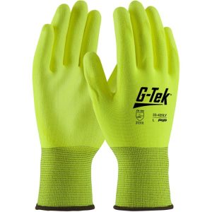 G-Tek Seamless Polyester Gloves with Polyurethane Coated Flat Grip - X-Small (Hi-Viz Yellow)